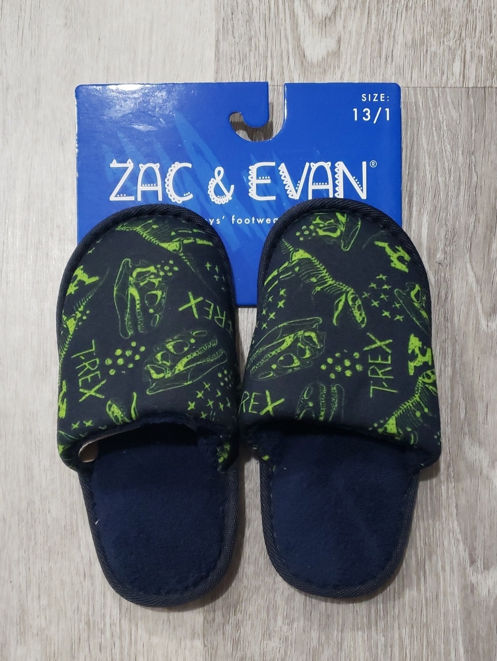 NWT Kids' Navy & Green T‑Rex Slippers Size 13/1